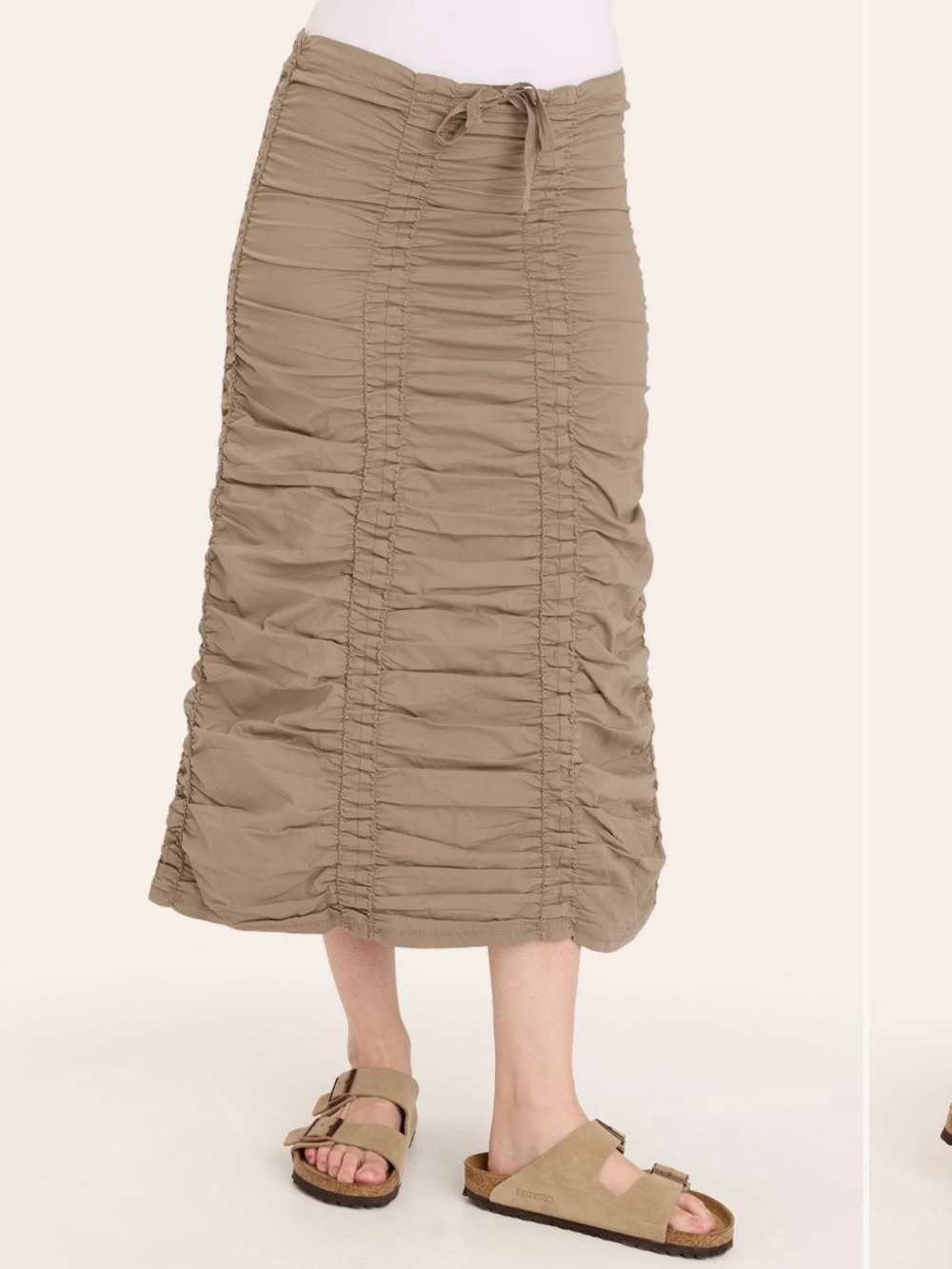 Brisas Y2K Fairy Grunge Shirred Midi Skirt Tan Beige Low Rise Ruched Boho size M